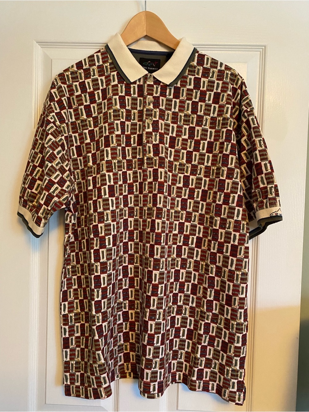 Greg Norman Collection Burgundy Geometric Print Polo with Cream Collar